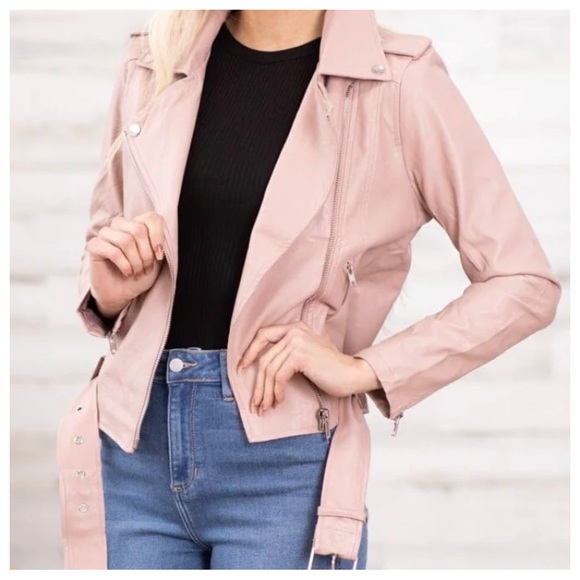 Fabulous Chic Vegan Leather Pink Motto Zipper Biker Jacket - Picture 3 of 4